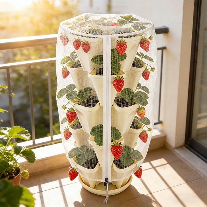 3Pack 41" x 20" Vertical Strawberry Pot Netting, Plant Pot Insect Netting with Zipper & Drawstring, Stackable Bird Barrier Planter Pot Garden Net Round Cover for Strawberry Fruit Vegetable from Animal