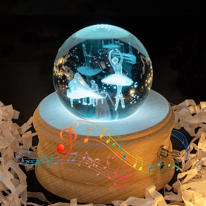 Music Box, 3D Crystal Ball Music Box with RGB Light Projection, 360 Rotating Wooden Base Night Light, Best Gift for Valentine's Day Birthday Girls Boys Women Mom, Room Decor