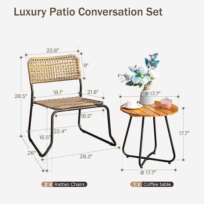 PHI VILLA 3 Pieces Outdoor Wicker Bistro Set for 2, Stackable Rattan Chairs & Acacia Wood Round End Table, Small Teak Conversation Furniture Set for Patio, Deck, Yard, Porch, Balcony
