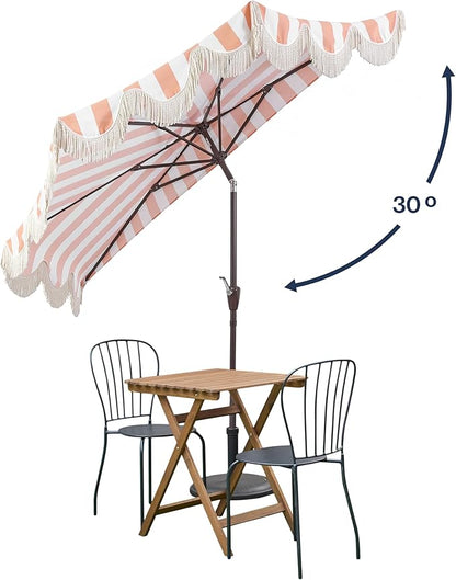 JONATHAN Y Half Umbrella UMB1201E Beverly 9 ft. Designer Classic Scalloped Fringe Market Patio with Crank, Push Button Tilt and UV Protection in Coral Pink/White