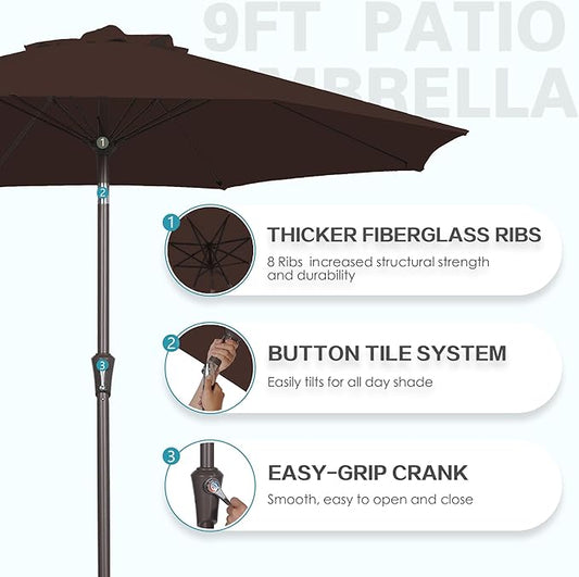 PatioKingdom 9FT Patio Outdoor Umbrella-UPF 50+ Sun Shade with Wind Vent, Push-Button Tilt & Smooth Crank Lift, Rust-Resistant Fiberglass Frame for Garden, Backyard,Yard (Brown, 9FT)