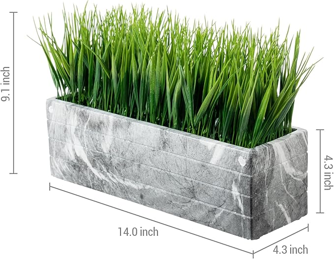 MyGift 14 Inch Artificial Green Grass Plant in Gray Marble Pattern Resin Ribbed Rectangle Planter, Faux Greenery Rectangular Cement Pot Centerpiece Home Décor