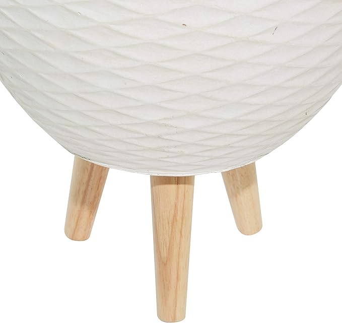 Deco 79 Ceramic Geometric Indoor Outdoor Planter Diamond Patterned Large Planter Pot with Wood Tripod Legs, Set of 2 Planters 16", 14"H, White