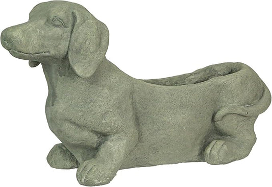 Zeckos Charming Rustic Distressed Grey Stone Finish Dachshund Dog Indoor or Outdoor Decor Planter Doxie Plant Pot - Whimsical Garden Accent for Dog Lovers - 20 Inches Long
