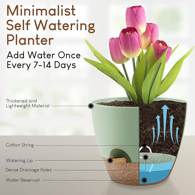 Plant Pots 10/9/8/7.5/7 inch, Self Watering Planters with Drainage Holes & Saucers for Indoor and Outdoor Plants (Green)