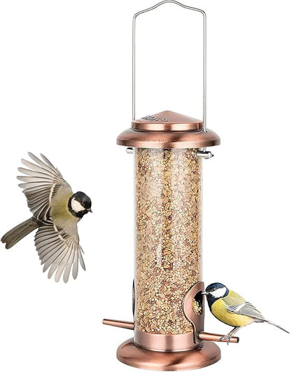 iBorn Metal Bird Feeder Hanging Wild Bird Feeders for Mix Seed Blends Heavy Duty All Metal Finishing, Copper Finish, 9 Inch 2 Port (Seed is not Included)