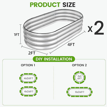 G GOOD GAIN Galvanized Metal Raised Garden Bed Kit - 4x2x1FT Outdoor Planter Box with Safety Edging and Gloves for Vegetables, Fruits, Flowers(Silver, 2PC)
