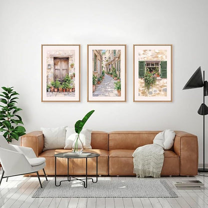 FWIEXA Italy Streets Travel Framed Wall Art Set, Green Botanical Wall Decor, Vintage Italian Style Countryside Villages Wall Print, Potted Plant Canvas Artworks, 3 Pieces Nature Landscape Painting for Bedroom, Office, Living Room
