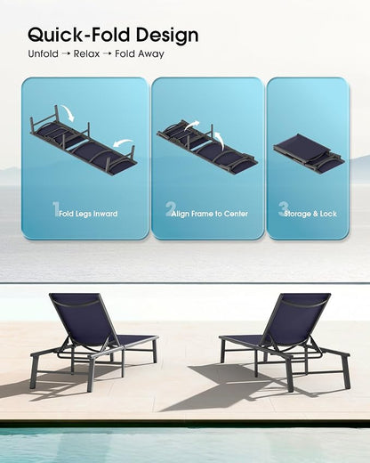 Ciokea Foldable Outdoor Lounge Chair Set of 2, No Assembly Aluminum Chaise Lounge Outdoor with 5 Adjustable Positions, Pool Lounge Chairs with Portable Design for Pool, Deck, Beach, Patio (Navy Blue)