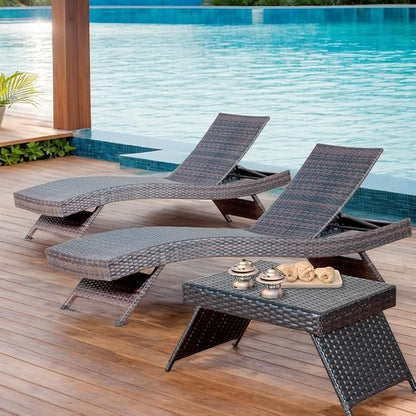 PE Rattan Adjustable Backrest Chaise Lounge Set 2 with 1 Side Table, Outdoor Pool Recliner Patio Chairs Lounge Chair Set 2 with 1 Coffee Table for Outside Beach Poolside Sunbathing