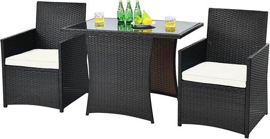 HAPPYGRILL 3-Pieces Outdoor Wicker Bistro Set PE Rattan Dining Table Set with Cushioned Chairs, Patio Conversation Set for Backyard Porch Garden and Poolside