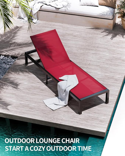 Aluminum Lounge Chairs Outdoor Chaise Furniture,2 Sets Patio Metal Deck Lounger Adjustable 5-Position Poolside Chase Recliner with Wheels for Beach,Coffee Table, (Red, 2 Chair)