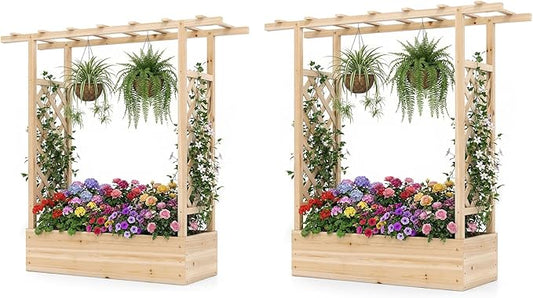 S AFSTAR Raised Garden Bed with Trellis, 2 Pieces Fir Wood Planter Box with Flat Roof & Drainage Holes, Vertical Planter Raised Bed for Climbing Plants, Flowers & Vegetables, 43" x 14" x 45" (Natural)