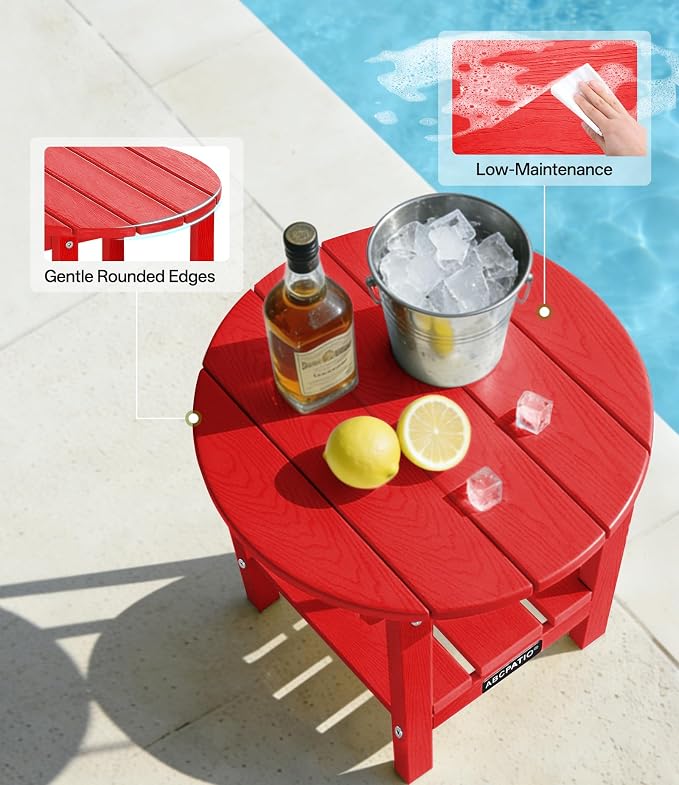 Outdoor Side Table Round - Patio Side Tables - HDPE Small Outdoor End Table for Backyard Pool Porch Balcony - Double Layer Storage - Red (Wood Grain Finish)