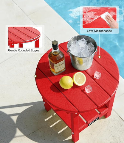Outdoor Side Table Round - Patio Side Tables - HDPE Small Outdoor End Table for Backyard Pool Porch Balcony - Double Layer Storage - Red (Wood Grain Finish)