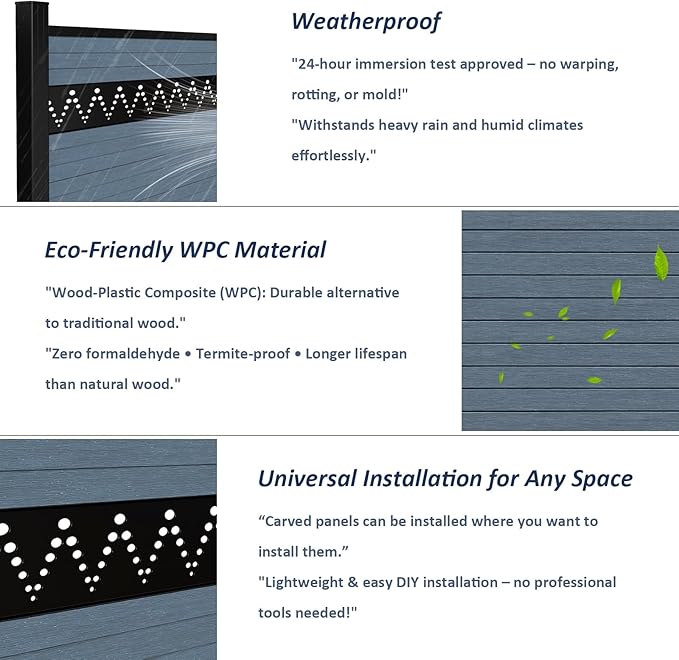 6 Feet×6 Feet Privacy Fence, Outdoor Wood Plastic Composite Fence Panel, Waterproof Security Barriers Fencing, WPC (Gray, Arched (1 Panel - 1 Post))