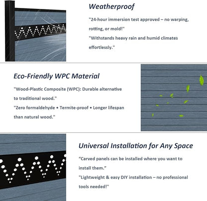 6 Feet×6 Feet Privacy Fence, Outdoor Wood Plastic Composite Fence Panel, Waterproof Security Barriers Fencing, WPC (Gray, Arched (1 Panel - 1 Post))