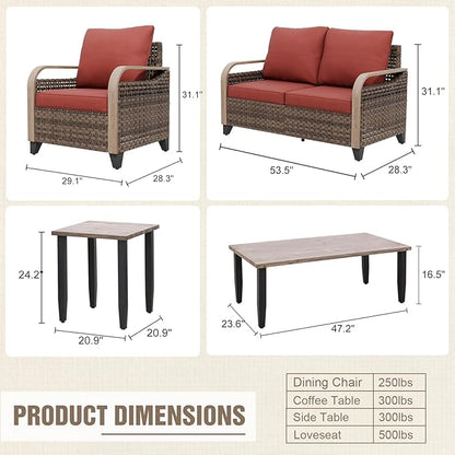 Modern Wicker Patio Furniture Set, Rattan Outdoor Conversation Set with Comfortable Cushions, 2 Patio Chairs, 2 Seat Loveseat, Coffee Table and Side Table, 5 Pieces, Brown/Red
