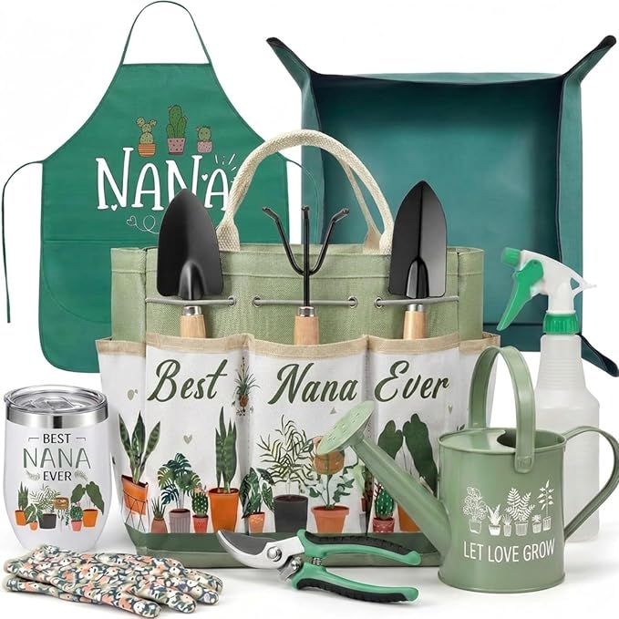 Reginary 11 Pcs Nana Gardening Gifts Mom Watering Can Set Include Garden Tool Garden Tools Tote Trigger Sprayer Soil Mat Apron Tumbler Pruning Shears Glove for Women Plant Enthusiast Present