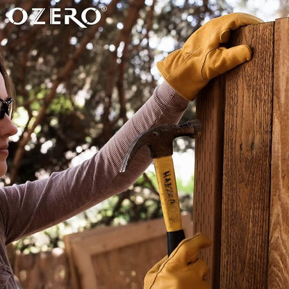 OZERO Leather Work Gloves for Men, Cowhide Gardening Gloves with Reinforced Palm, Flexible Keystone Thumb, Elastic Wrist