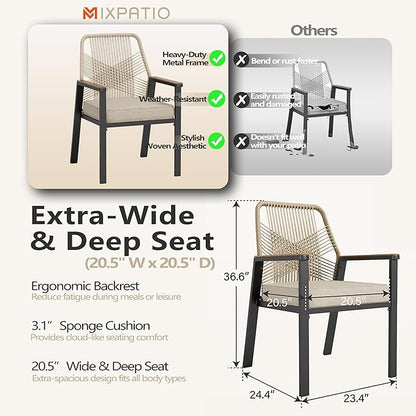 Patio Wicker Chair Sets of 2, Outdoor Dining Chairs with 3.1 inch Seat Cushions, Sturdy Metal Frame & Wood Grain Armrest, Patio Dining Chairs for Porch Backyard, Beige