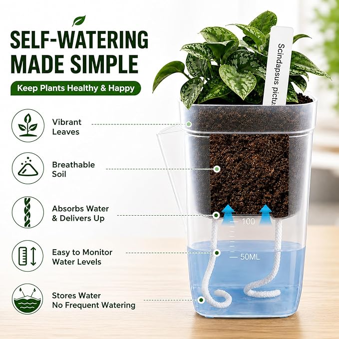 6 Pack 2.5" Self Watering Seed Starter Cups, Clear Mini Planters for Indoor Plants, Help Prevent Overwatering, Promote Healthy Growth for Seedlings, Cuttings & Small Plants, with 6 Labels