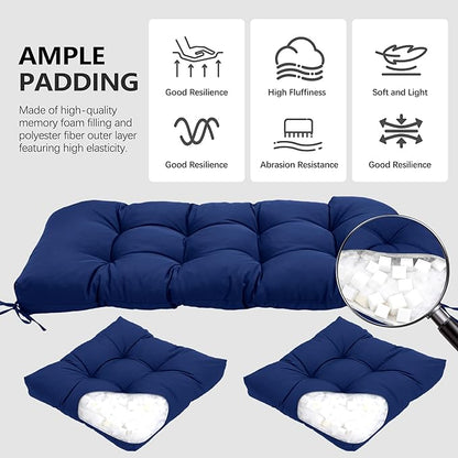3 Pcs Wicker Chair Cushions Patio Loveseat Chaise Cushion Set - 1200D 47x19*4 Inch Waterproof Wicker Bench Cushions with 2 19x19x4 Inch Chair Cushions for Garden Porch Wicker Patio Furniture(Navy)