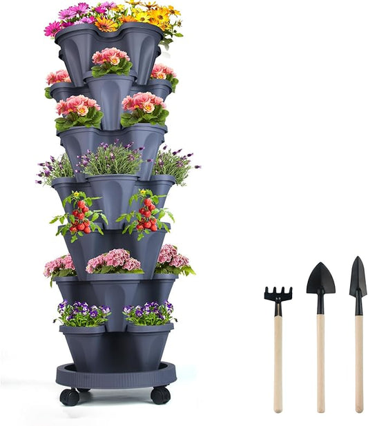 GameXcel Vertical Planter Tower- 7 Tier Stackable Garden Planter with Wheels and Tool Set – Grow Strawberries Herbs Flowers and Vegetables - Indoor Outdoor Use Dark Gray