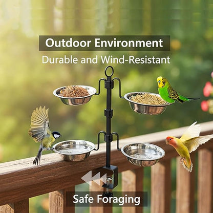 Deck Bird Feeder, 3-Tier Adjustable Railing Clamp-On Feeder with Four Stainless Steel Bowls for Balcony Patio Outdoor Use