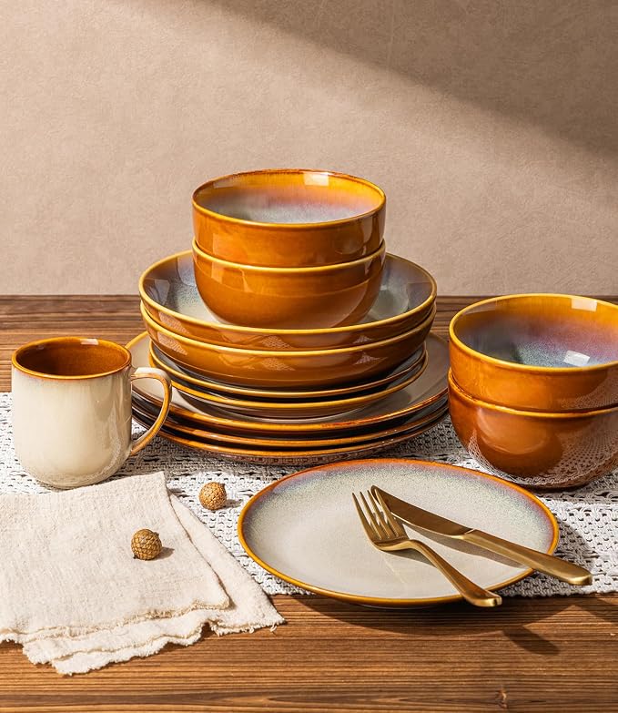 LERATIO Ceramic Dinnerware Sets for 4, Coupe Plates and Bowls Sets,Highly Chip and Crack Resistant | Dishwasher & Microwave & Oven Safe Dishes set,Reactive Glaze Dinnerware- Service for 4（12pcs）