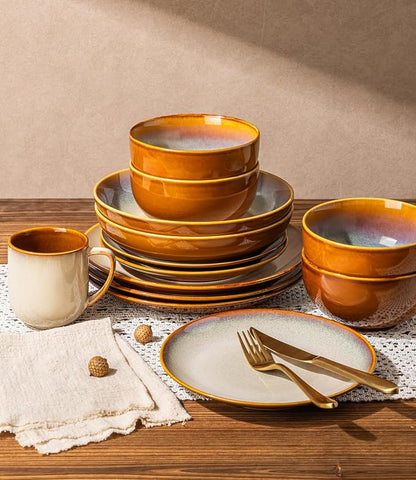LERATIO Ceramic Dinnerware Sets for 4, Coupe Plates and Bowls Sets,Highly Chip and Crack Resistant | Dishwasher & Microwave & Oven Safe Dishes set,Reactive Glaze Dinnerware- Service for 4（12pcs）