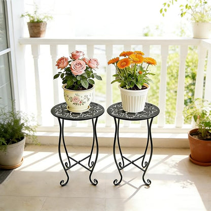 Arbuxzuy 2 Packs 17" Tall Round Metal Outdoor Side Tables for Patio, Decorative Black Flower Pot Stand, Rustproof Potted Holder, 120 lbs Load Capacity