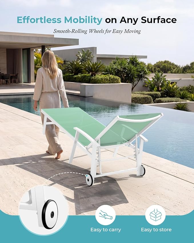 Ciokea Outdoor Lounge Chair with Pillow, 5-Position Aluminum Chaise Lounge with Wheels & Armrests, 400 lbs Heavy Duty Patio Pool Chair for Deck, Backyard, Beach & Poolside, Light Green