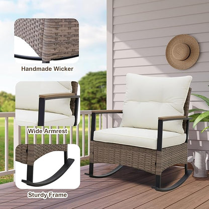 EAGLE PEAK 3 Piece Mojave Dusk Outdoor Conversation Set, Patio Wicker Furniture, 2 Rocking Chairs and Side Table, Light Brown/Beige