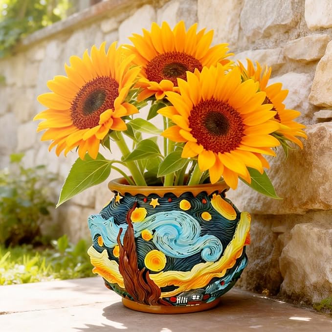 Starry Night Floral Planter, Unique and Interesting Abstract Art Flower pots, Vibrant Colors, Perfect for Home/Garden Artistic Decoration (Starry Sky)