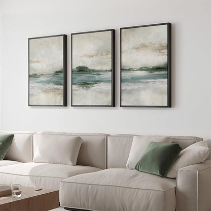 Framed Abstract Landscape Wall Art, Set of 3 Canvas Prints Paintings Artwork for Walls, Soft Blue and Green Nature Pictures for Living Room, Bedroom, Lounge, Dining Room Wall Decor 16x24 In