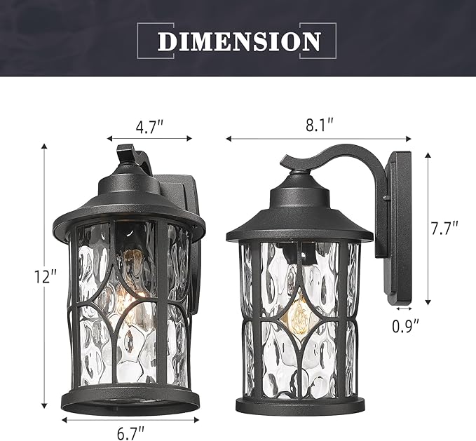 zeyu 2 Pack Patio Wall Light Fixture, 12 Inch Outdoor Modern Wall Lights, Die-Cast Aluminum, Black Finish with Water Ripple Glass, ZX48BWG-2PK BK