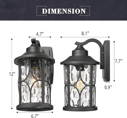 zeyu 2 Pack Patio Wall Light Fixture, 12 Inch Outdoor Modern Wall Lights, Die-Cast Aluminum, Black Finish with Water Ripple Glass, ZX48BWG-2PK BK
