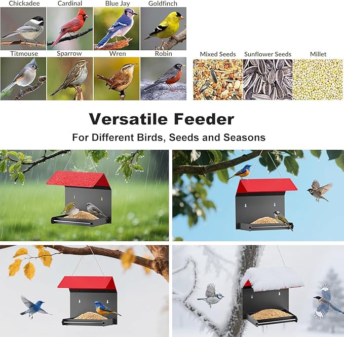 FANHAO Metal Bird Feeder for Outdoor, Hanging & Wall Mounted Wild Bird Feeder with Perch and Drainage Mesh, Weatherproof Hanging Platform Bird House for Attracting Birds, Easy to Clean & Refill