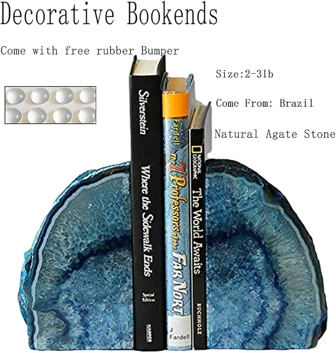 JIC Gem Dyed Blue Agate Bookends Geode Decorative Book Ends for Heavy Books with Rubber Bumpers for Office and Home Decoration Polished Small Size 2 to 3 Lbs