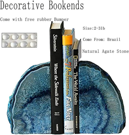 JIC Gem Dyed Blue Agate Bookends Geode Decorative Book Ends for Heavy Books with Rubber Bumpers for Office and Home Decoration Polished Small Size 2 to 3 Lbs