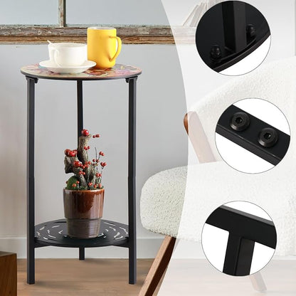 2 Packs Two-Tier Metal Round Side Table Set of Two Black Accent Coffee Tables Small Space Corner Plant Stand Shelf for Indoor Outdoor Use Patio Balcony End Table Weather-Resistant
