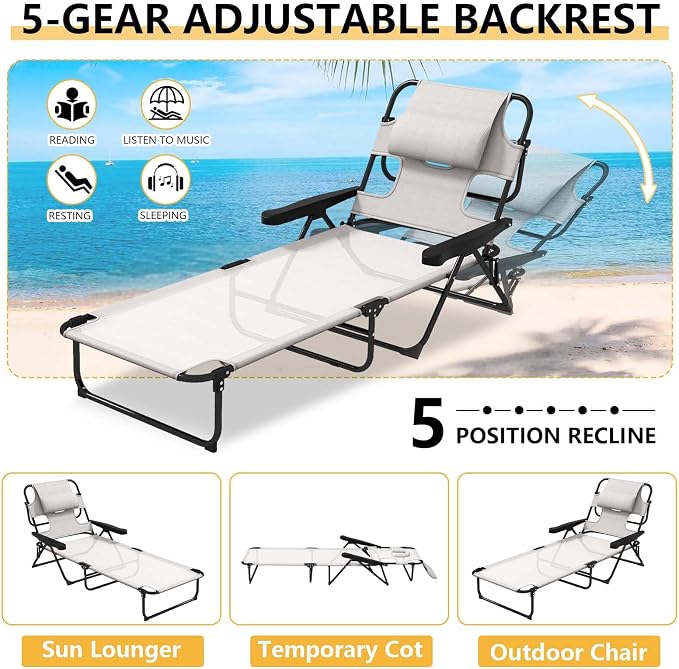 Sun Tanning Chair with Face Hole, Heavy Duty Adjustable 5-Position Folding Laying Out Chairs for Tanning, Beach Lounge Chairs for Adults for Outdoor Sunbathing Patio Pool Lawn (Cream White)