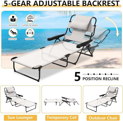 Sun Tanning Chair with Face Hole, Heavy Duty Adjustable 5-Position Folding Laying Out Chairs for Tanning, Beach Lounge Chairs for Adults for Outdoor Sunbathing Patio Pool Lawn (Cream White)