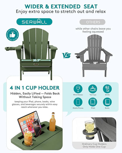 SERWALL Folding Adirondack Chair, Paito Adirondack Chairs with 4-in-1 Multi-Functional Cup Holder, Outdoor Chairs, All Weather Fire Pit Chair for Garden, Poolside, Backyard, Lawn - Army