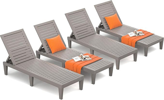 Outdoor Lounge Chairs Set of 4 for Poolside Patio, Weather-Resistant Pool Chaise Lounge with Adjustable Backrest, Resin Tanning Chair Sun Lounger for Outside Deck, Beach, Sunbathing, Taupe