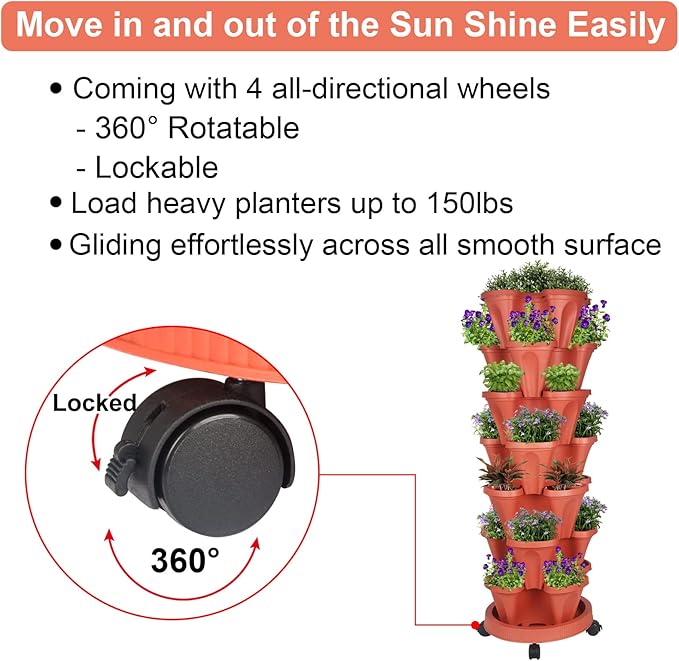 GameXcel Vertical Planter Tower- 7 Tier Stackable Garden Planter with Wheels and Tool Set – Grow Strawberries Herbs Flowers and Vegetables - Indoor Outdoor Use Red