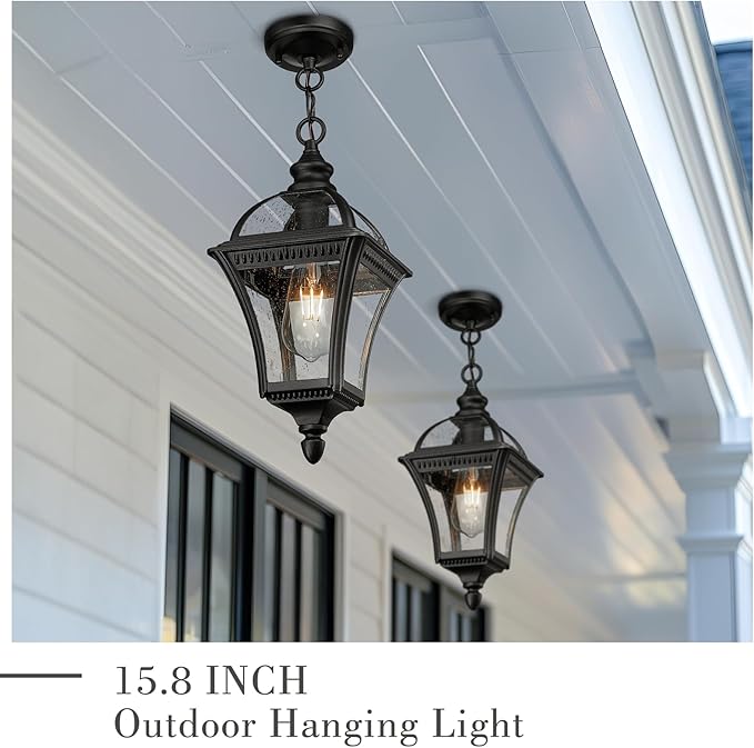 Emliviar Modern Outdoor Hanging Porch Light, 15.8" Black Pendant Lantern with Water Ripple Glass, Outdoor Ceiling Pendant Lamp for Patio, Entryway, XE266H-S BK