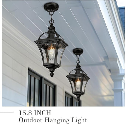 Emliviar Modern Outdoor Hanging Porch Light, 15.8" Black Pendant Lantern with Water Ripple Glass, Outdoor Ceiling Pendant Lamp for Patio, Entryway, XE266H-S BK