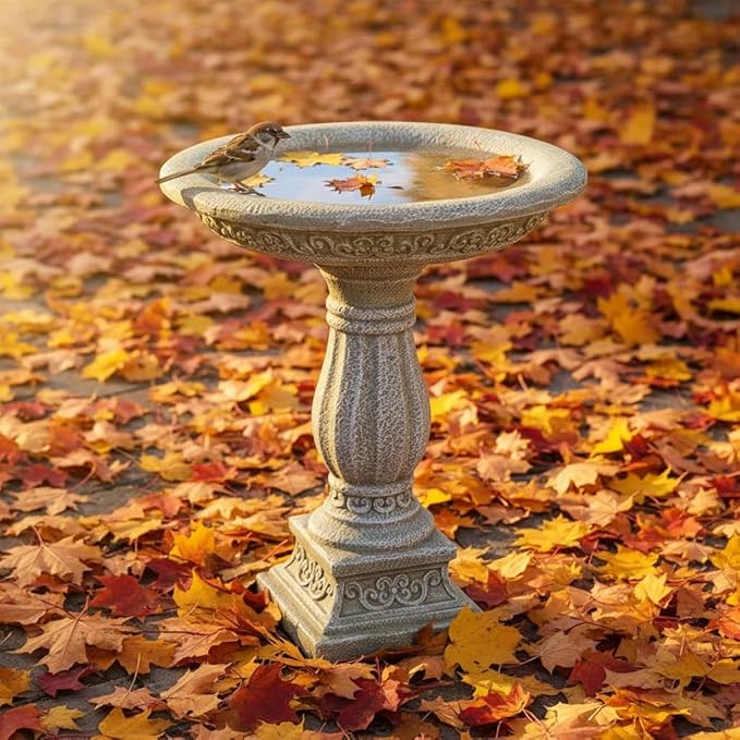SunJet 23.8 Inch High Concrete Bird Bath with Carved Pedestal – Birdbath Sturdy & Elegant Design, Stone-Like Texture, Attracts Birds and Enhances Garden, Patio, Yard, Lawn Decor